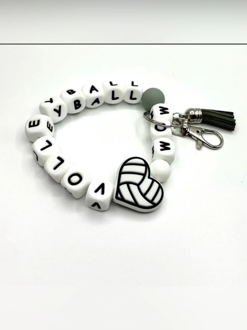 Volleyball Mom Heart Beaded Stretch Keychain Bracelet- White & Black